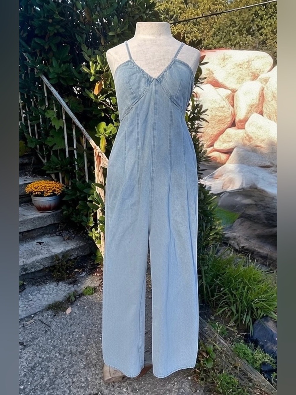 Unbranded Light Wash Denim Open Back Wide Leg Jumpsuit - Size S